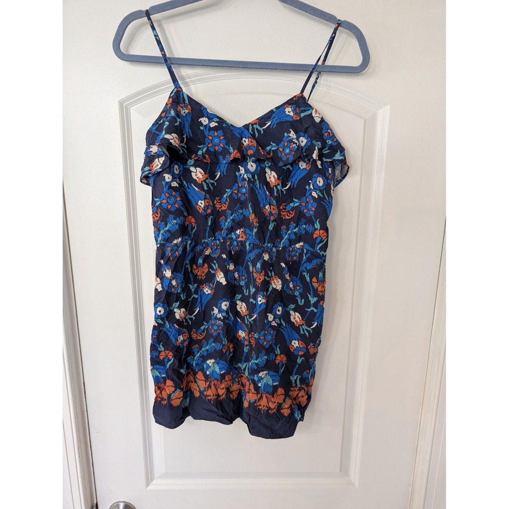 Tibi New York 100% Silk Floral Ruffle Mini Dress Blue Orange Size 0 garden Party